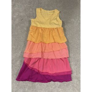 Garnet Hill Sleeveless Tiered Ruffled Sun Dress Yellow Coral Pink‎ Girls Size 10